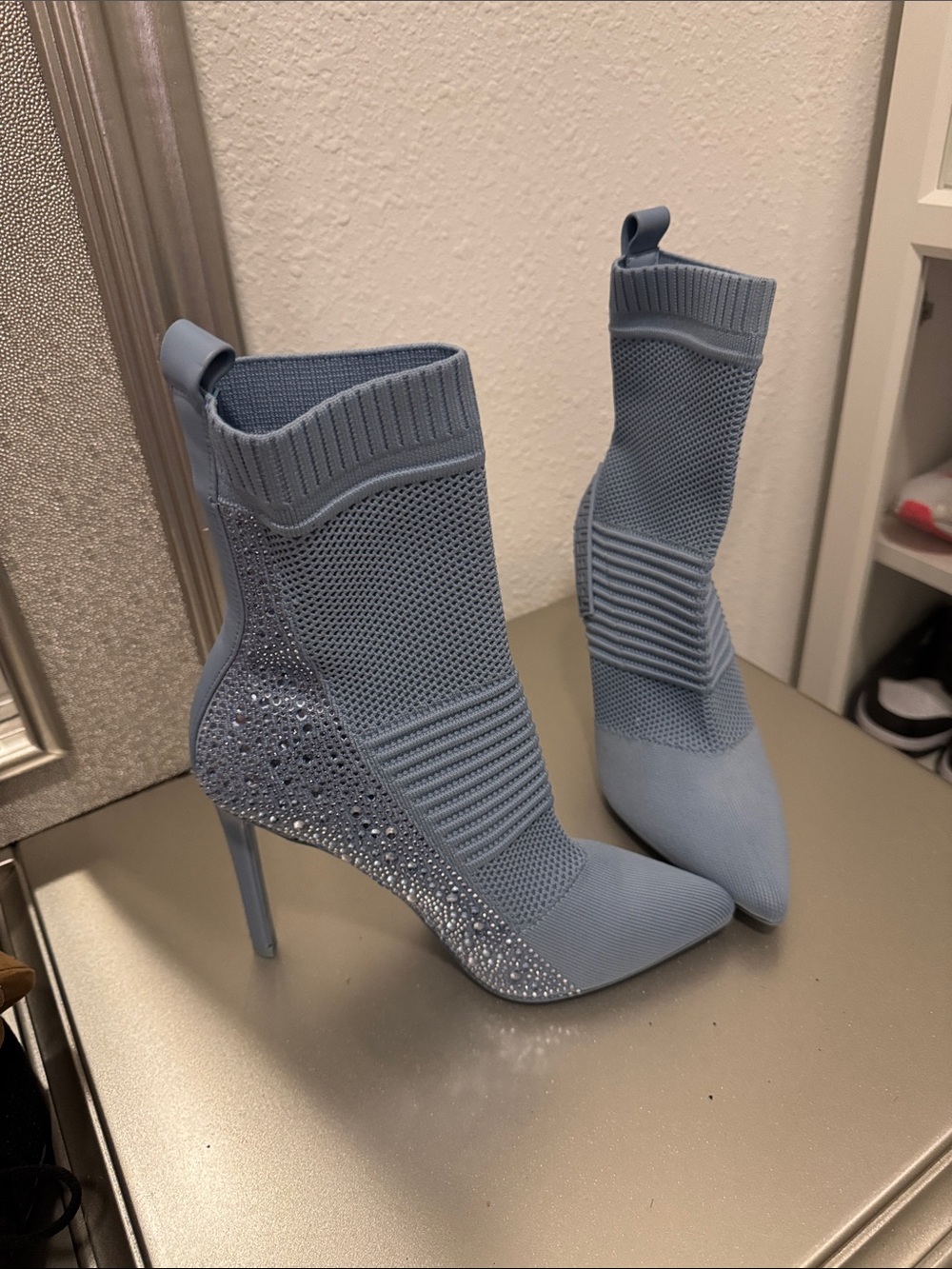 Steve Madden Powder Blue Rhinestone Knit Sock Booties